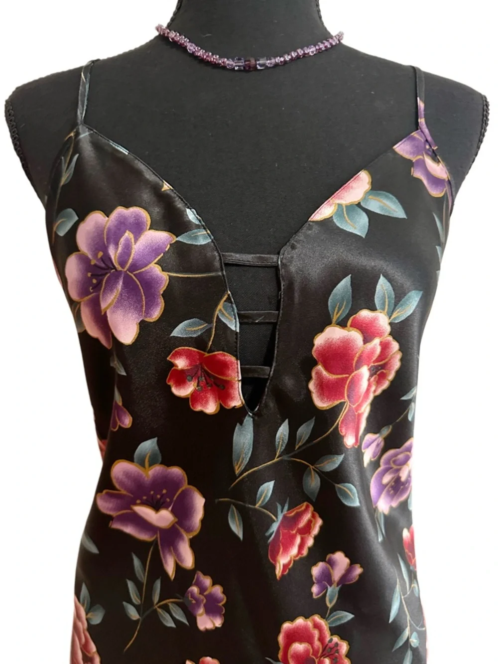 Black Floral Satin Slip Dress with Pink & Purple Blooms - Picture 2 of 5